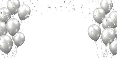 Beautiful celebration party vector with silver falling confetti and flying balloons on white background.