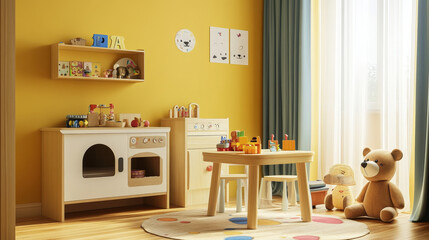Creative composition of warm and cozy kid room interior with copy space, yellow wall, wooden coffee table, bear carpet, plush toys, children's kitchen and personal accessories. Home decor. Template.