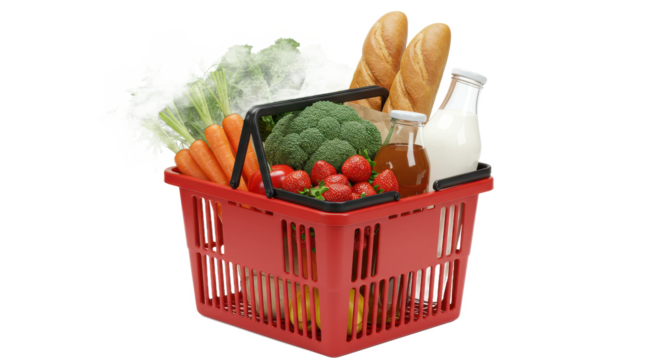 A red shopping basket filled with fresh vegetables fruits bread and a bottle on a black background