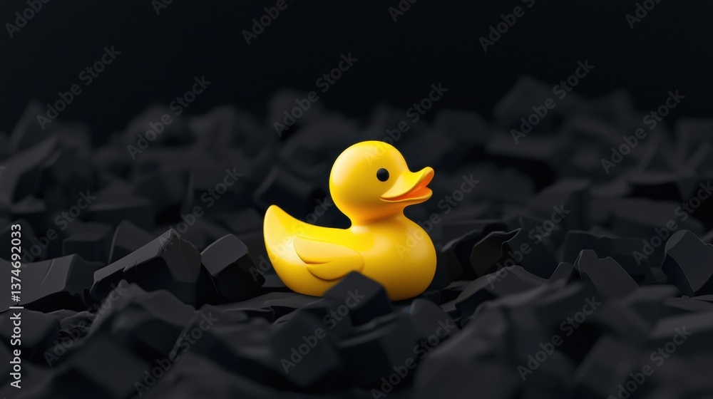 Poster Small yellow rubber duck sitting on top of a pile of black crumpled paper. the duck is facing towards the right side of the image and appears to be floating on the surface of the paper.