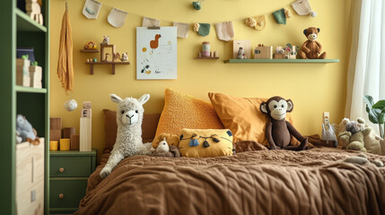 Interior design of warm kids room with mock up poster frame, green shelf, plush lama, yellow wall, monkey, brown bedding, wooden block, garland on wall and personal accessories. Home decor. Template.