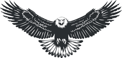 Fototapeta premium Black and white eagle silhouette with wings spread, symbolizing freedom and strength in flight.