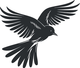 Obraz premium Black and white vector illustration of a bird in flight with spread wings.