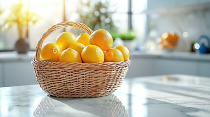   A wicker basket brimming with lemons atop a white countertop, adorned with a window in the background