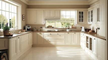 Stylish composition of modern kitchen interior design with mock up poster frame, beige sideboard and retro accessories. Template. Autumn vibes.