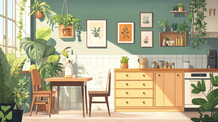 Creative and cozy kitchen interior composition with mock up poster frames, beige commode, plants, chair, family table and elegant accessories. Template. 
