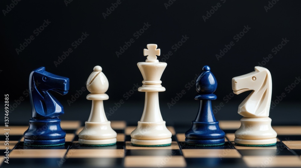 Poster chess board with four chess pieces on it. the board is black and white with a checkerboard pattern.