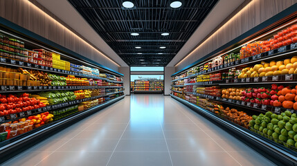 <Fresh Produce Display at Modern Grocery Store: Vibrant Aisles of Colorful Fruits and Vegetables>