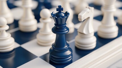 Close-up of a chess board with several chess pieces on it. the board is blue and white, and the pieces are arranged in their starting positions.