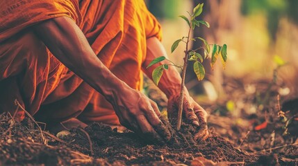 Young Monk Gently Planting Tree Into Rich Soil with Spiritual Connection
