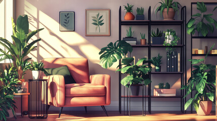 Stylish living room interior design with mock up poster frame frotte armchair, black metal shelf, side table, plants and creative home accessories. Home staging. Template. Copy space.
