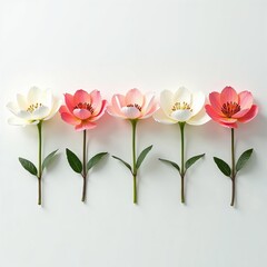 a group of four paper flowers on a white surface