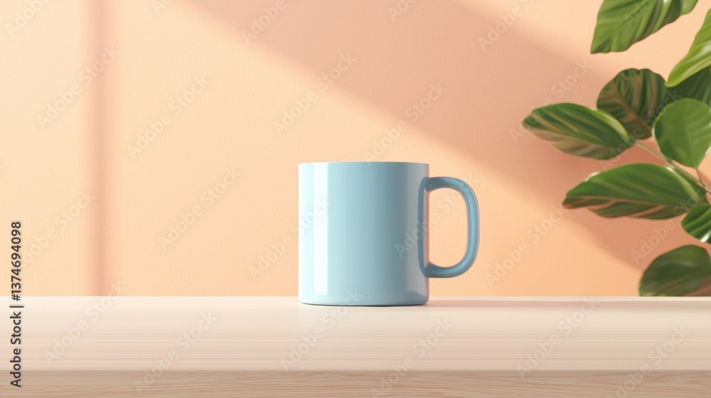 Poster light blue mug on a wooden surface. the mug has a handle on the right side and appears to be empty. 