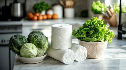 Rolls of paper towels and fresh vegetables placed on a white marble kitchen table. The clean, minimalist setting conveys a sense of freshness and efficiency in the kitchen.