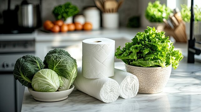 Rolls of paper towels and fresh vegetables placed on a white marble kitchen table. The clean, minimalist setting conveys a sense of freshness and efficiency in the kitchen.