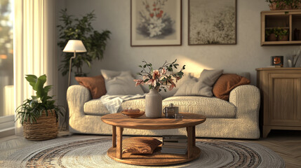 Creative composition of cozy living room interior with boucle sofa, wooden coffee table, round carpet, stylish lamp, vase with magnolia and personal accessories. Home decor. Template.