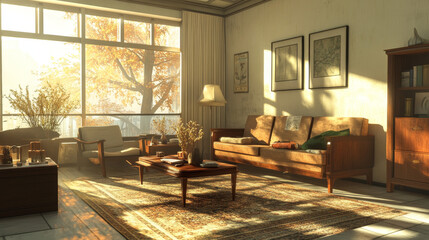 Simple and elegant styling of living room space with brown commode, chair, dried flower in vase decorations, carpet and personal accessories. Home decor. Template.