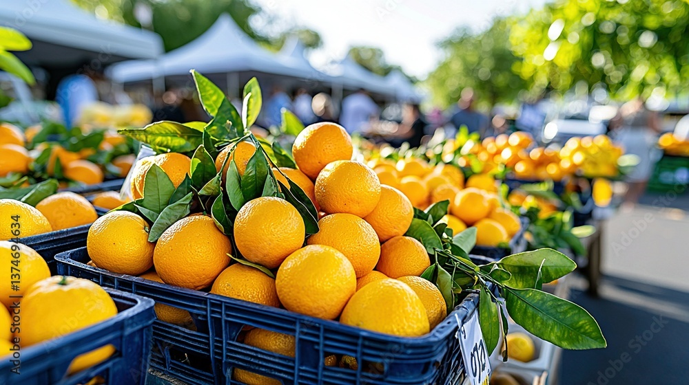 Poster a cluster of baskets brimming with oranges resting atop a table beside an additional basket of orang