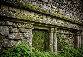 A stone wall with moss growing on it.