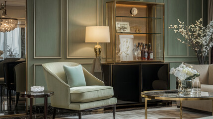 Interior design of living room with stylish green armchair, gold liquor cabinet, lamp, coffee table and elegant personal accessories. Design home decor. Green wall panelling with shelf. Template. 