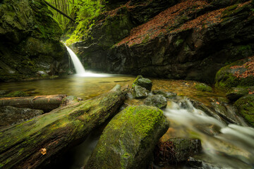 Nýznerovské vodopády. Beautiful misty waterfall after rain in Jeseníky mountains. Epic river, green forest, stones, rocks, flowers, leaves. Premium landscape from pure nature, Czech Republic