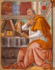 FLORENCE, ITALY - MARCH 17, 2025: The fresco of St. Augustine in the church chiesa di San Salvatore in Ognissanti by Boticelli - Alessandro Filipepi (1444-1510).