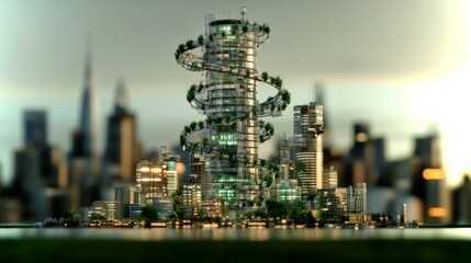 Fototapeta premium Futuristic cityscape showcases advanced technology and nature integration at twilight