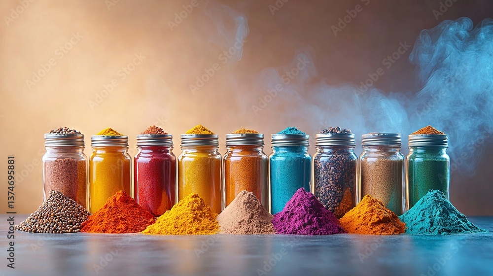 Poster row of colorful jars with powders and table