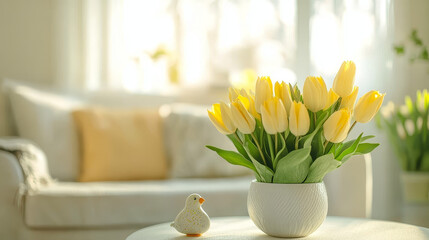  Easter table setting in a cozy living space with fresh yellow tulips, a white ceramic vase, and a decorative chicken figurine. A soft color palette and pastel accents create a festive atmosphere.