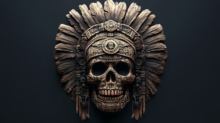 An aztec skull adorned with an ornate headdress featuring intricate carvings and tribal patterns set against a dark background emphasizing its mysticism. Shamanic Carving. Illustration