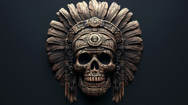 An aztec skull adorned with an ornate headdress featuring intricate carvings and tribal patterns set against a dark background emphasizing its mysticism. Shamanic Carving. Illustration