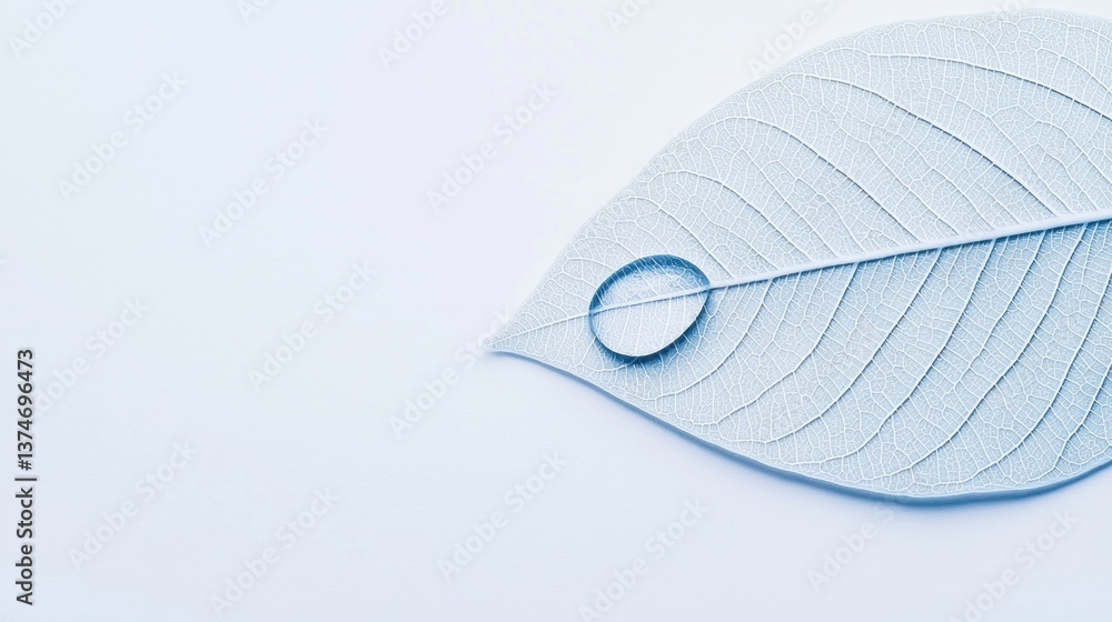 Poster close-up of a single leaf. the leaf is light blue in color and has a textured surface with ridges an