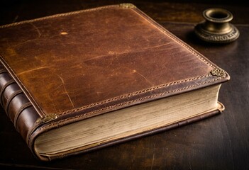 A brown leather journal with a pen on a wooden table.