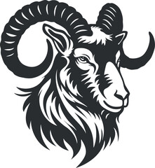 Black and white illustration of a ram with large curved horns in a bold silhouette style.