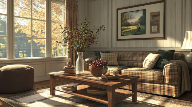 Warm composition of living room interior with mock up postrer frame, vase with rowan, wooden coffee table, beige carpet, brown pouf, braided plaid and personal accessories. Home decor. Template. 