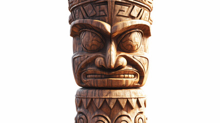 Ancient totem shamanic wooden pole with carved symbols and patterns isolated on white close-up. Shamanic Carving. Illustration