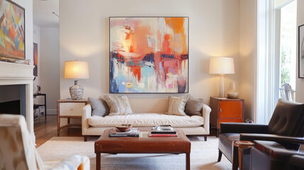 A beautifully designed living room with minimalist decor, abstract art, and cozy furniture. The perfect space for unwinding in style. Mock up poster frame.