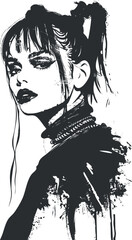 Monochrome illustration of a fashionable woman with bold makeup and expressive style.