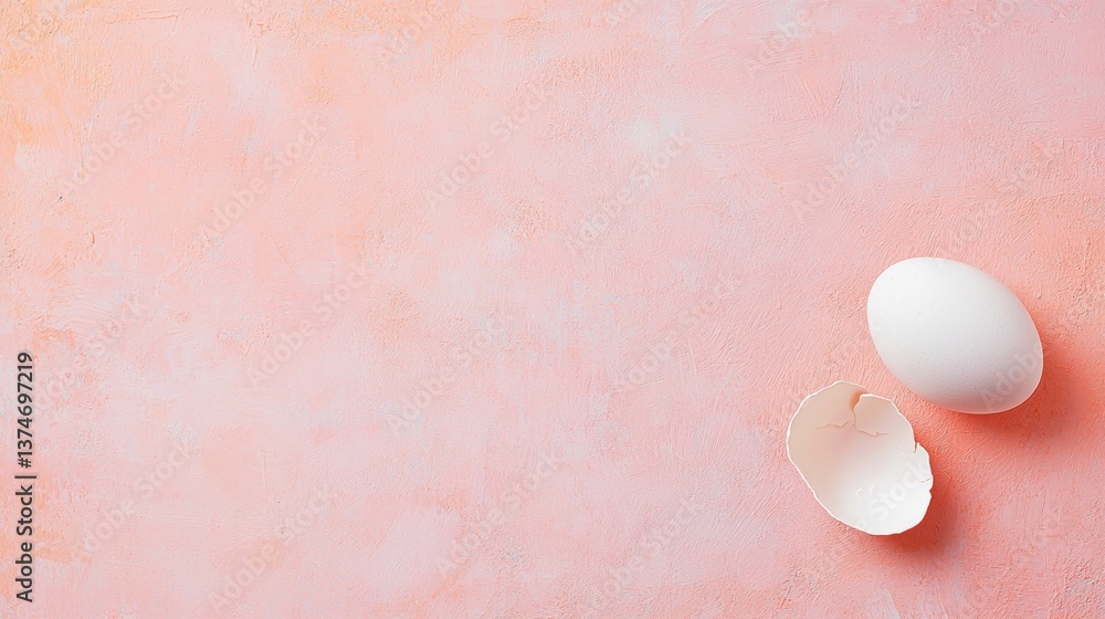 Poster flat lay of a white egg on a pink background. the egg is on the right side of the image and is place