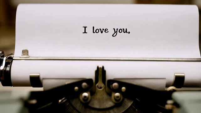 I love you typed on white paper with a vintage typewriter in a close-up view and warm ambient lighting

