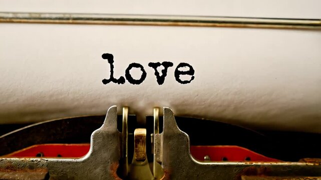 Word love typed on white paper in an old vintage typewriter with a close-up view and warm lighting

