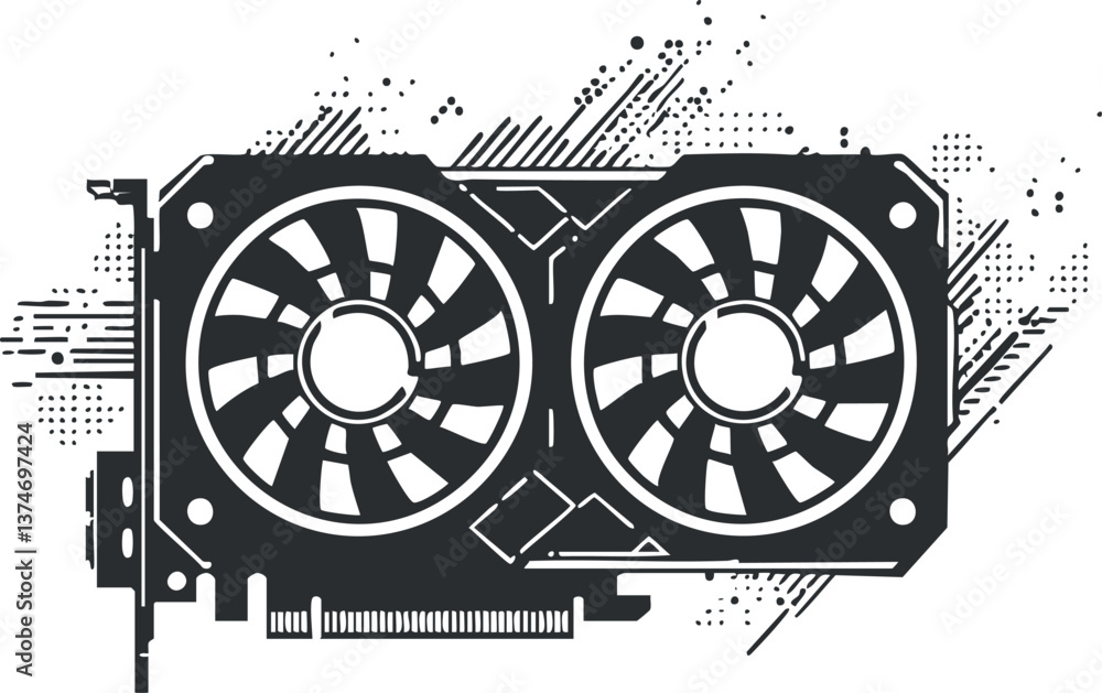 Aufkleber abstract black and white illustration of a graphics card with dual fans and circuit patterns.