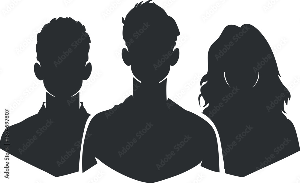Poster silhouette illustration of three anonymous individuals representing teamwork and unity.