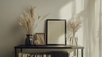 Exquisite and modern composition of living room interior with black shelf, mock up poster frame, dried flowers in vase, decoration and elegant accessories. Minimalist home decor. Template. 