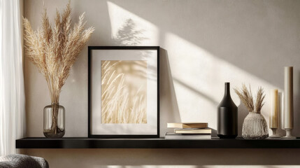 Exquisite and modern composition of living room interior with black shelf, mock up poster frame, dried flowers in vase, decoration and elegant accessories. Minimalist home decor. Template. 