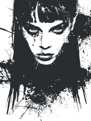 Artistic black and white portrait of a woman with an intense stare and grunge elements.