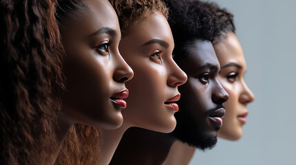Obraz premium Diverse group of people looking in same direction, embracing diversity and multiculturalism