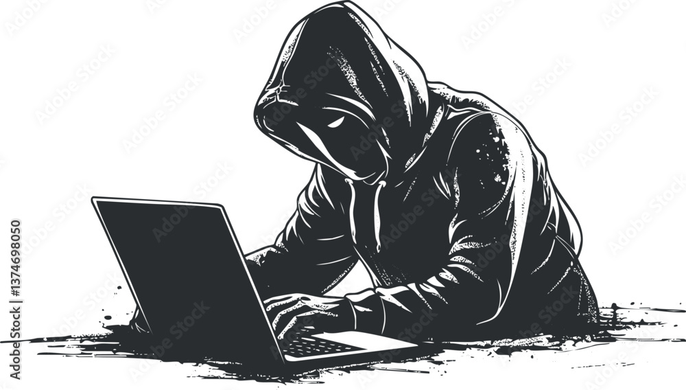 Poster silhouette of a hooded figure working on a laptop, symbolizing cybersecurity and hacking themes.