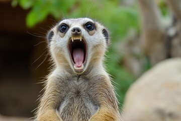 Fototapeta premium A angry meerkat stands on alert, showcasing its vibrant personality and expressive nature.