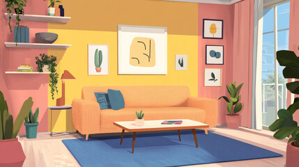 Modern and colorful interior of living room with design boucle sofa, mock up poster, shelf, plants, decorations and personal stuff. Home decor.